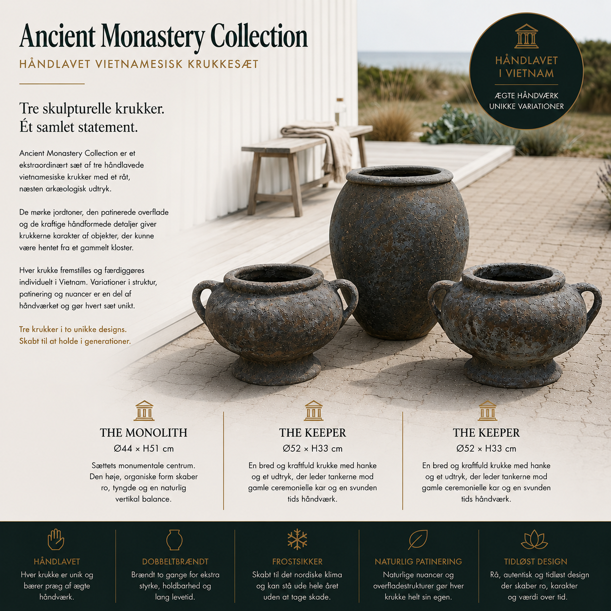 Ancient Monastery Collection - 3 håndlavede vietnamesiske krukker