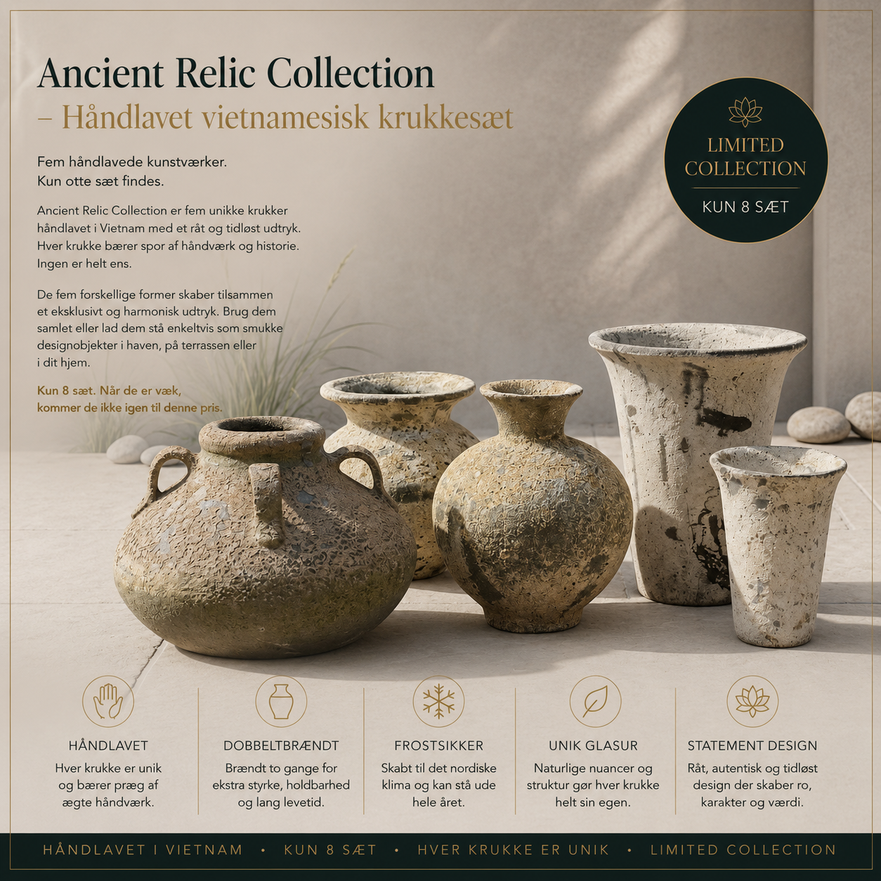Ancient Relic Collection - 5 håndlavede vietnamesiske krukker