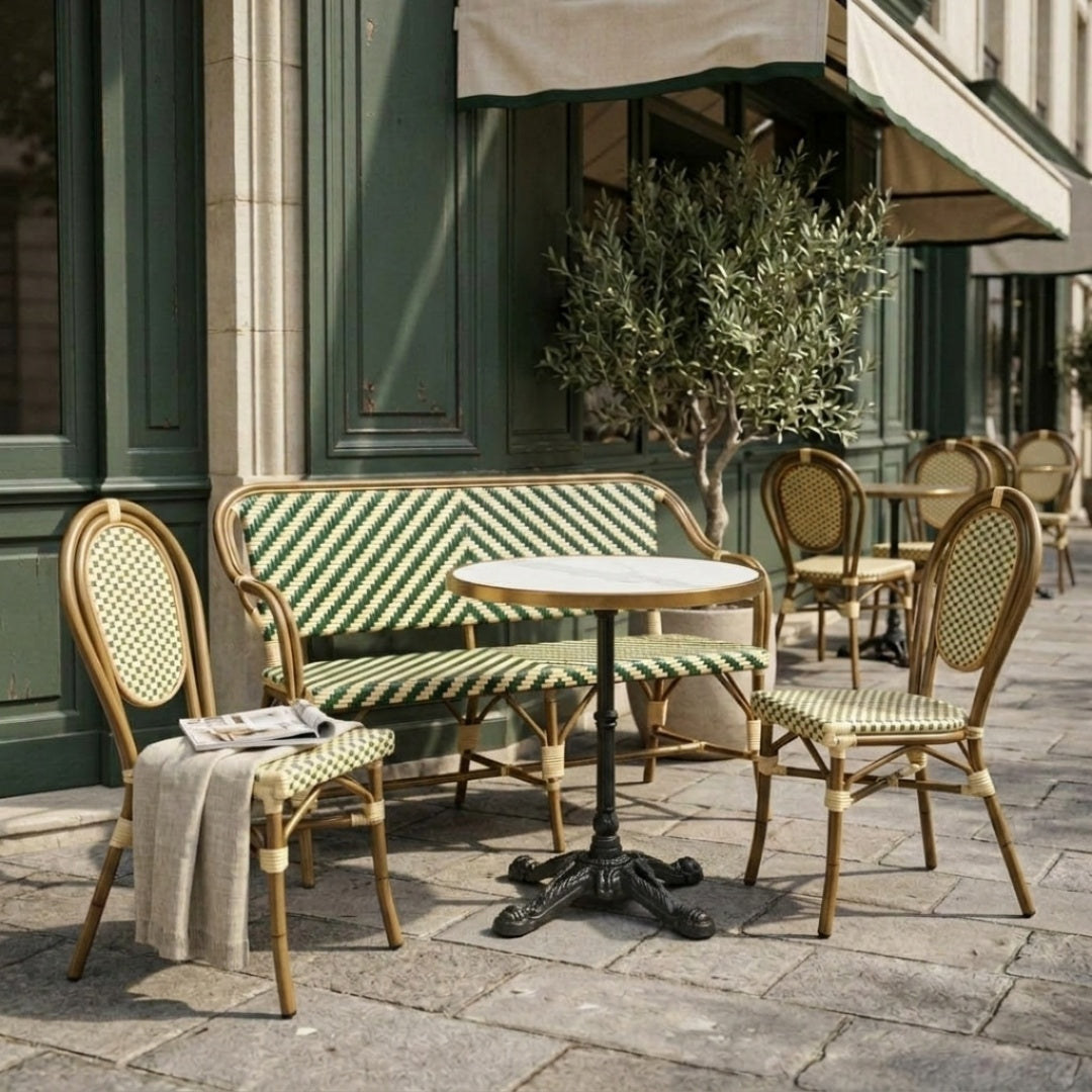 Paris Cafésæt (Cafébænk + 2 Stole) – AFRICA 4 Bordstel & Bordplade i Komprimeret Natursten m/ Marmorlook Ø70