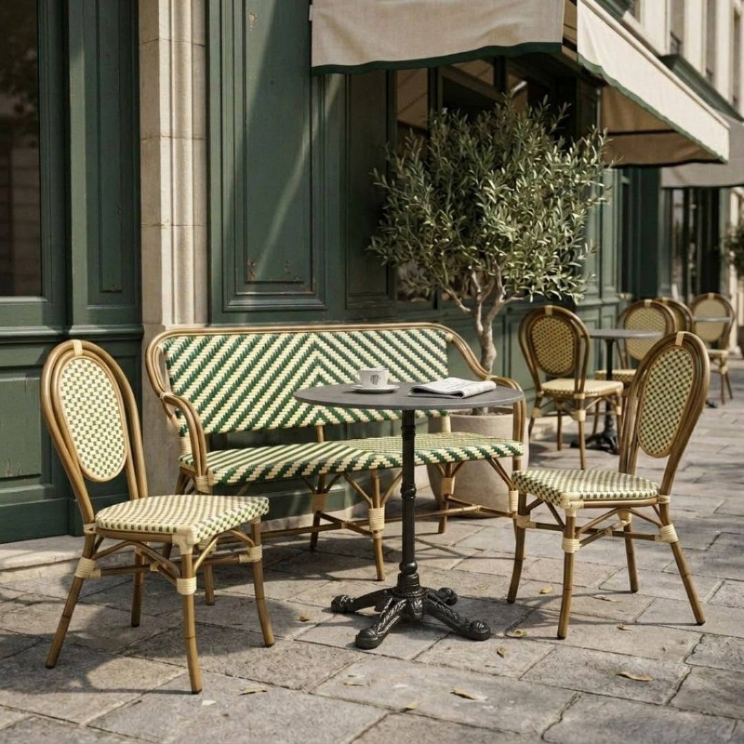Paris Cafésæt (Cafébænk + 2 Stole) – AFRICA 4 Bordstel & Bordplade i Komprimeret Natursten Ø70 cm