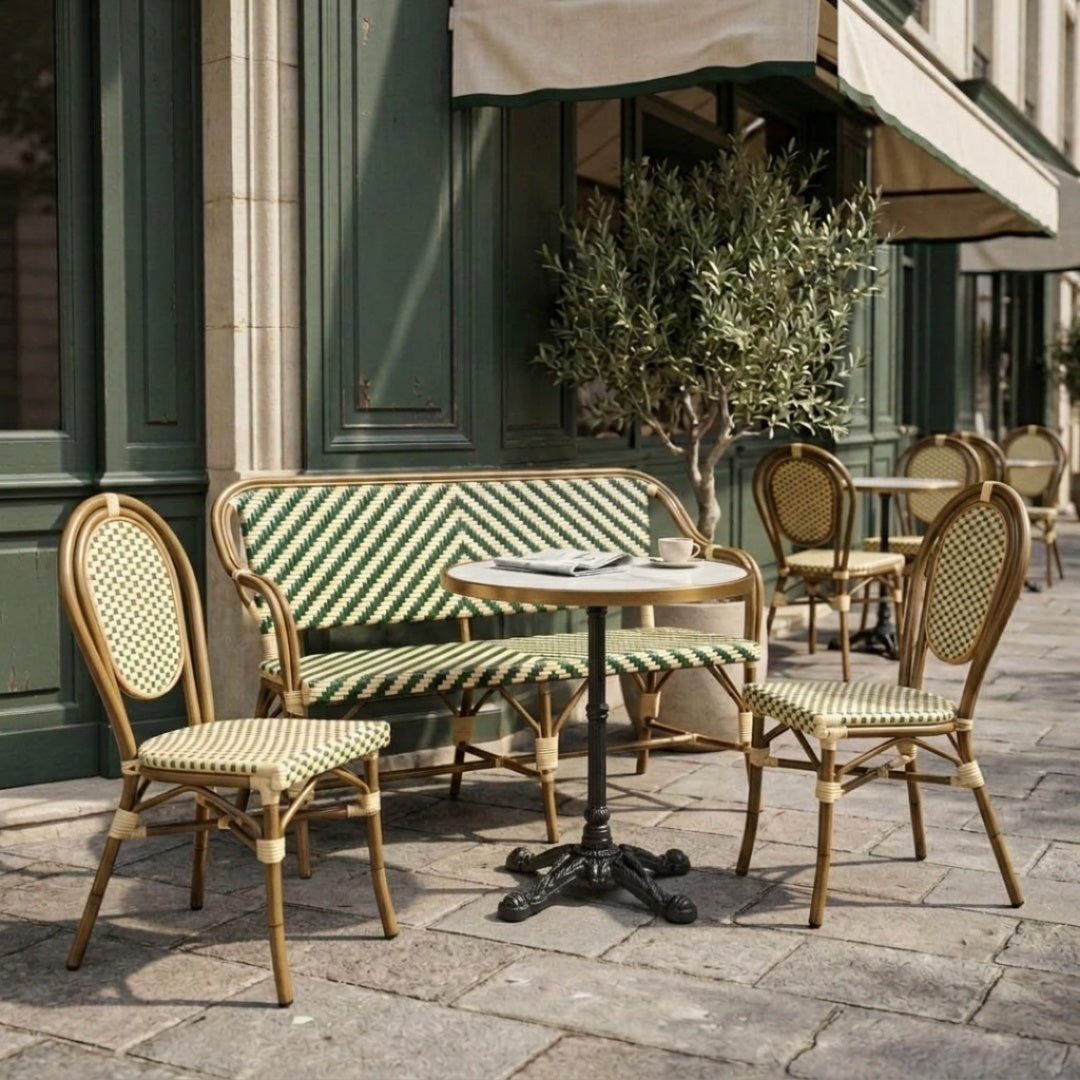 Paris Cafésæt (Cafébænk + 2 Stole) – AFRICA 4 Bordstel & Bordplade i Komprimeret Natursten m/ Marmorlook Ø70