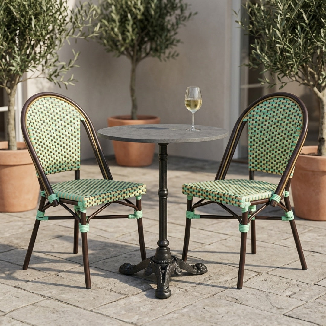 Ellis Cafésæt (2 Stole) – AFRICA 3 Bordstel & Bordplade i Komprimeret Natursten Ø60 cm
